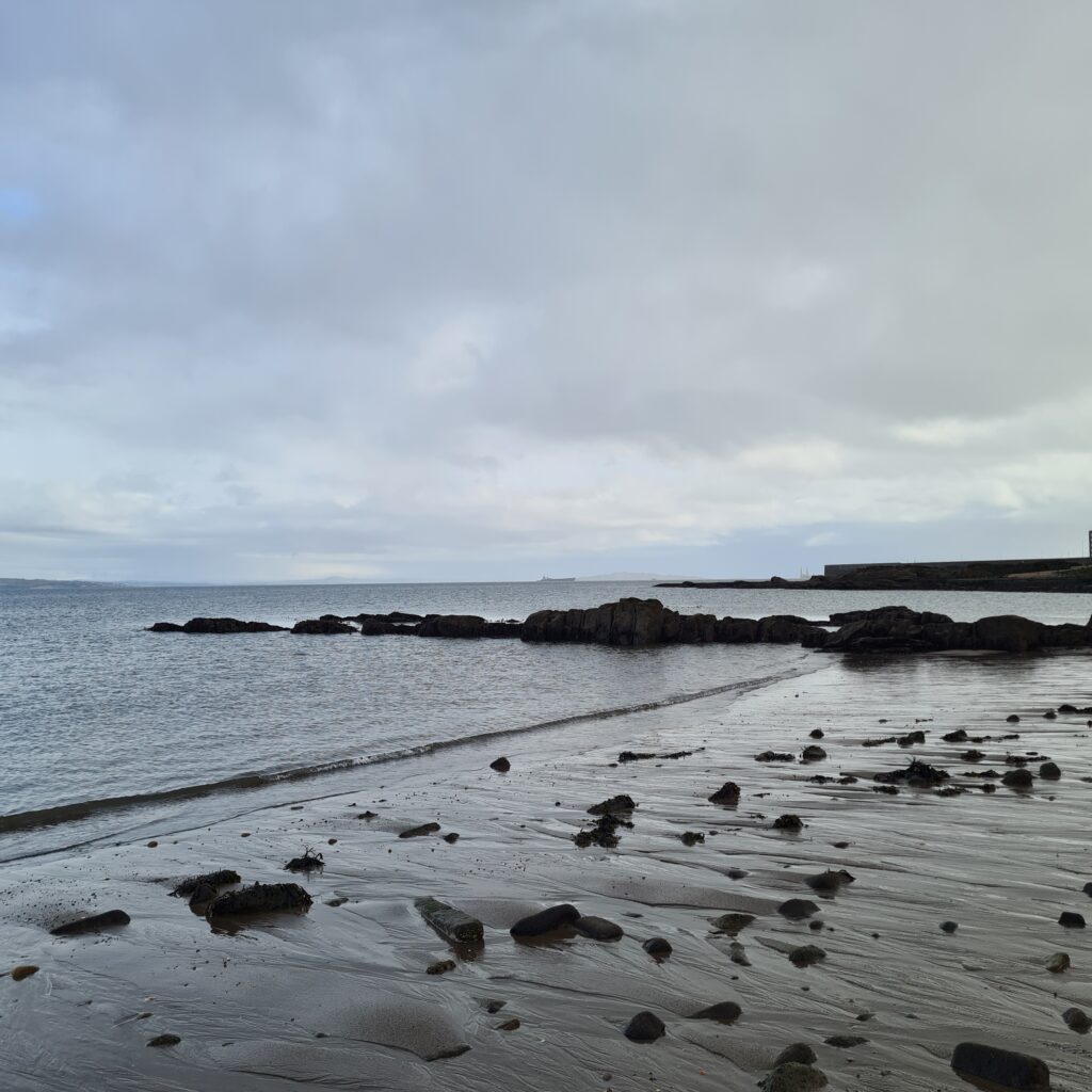 A wet beach studded with fragments of black stone. The sea is flat and blue-grey under a cloudy grey sky
